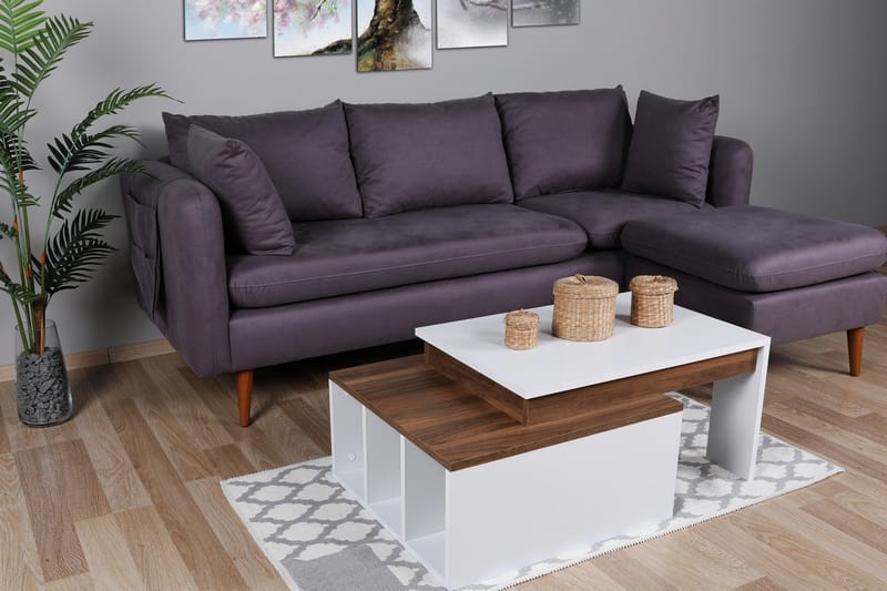 Qalora Sofabord 90 cm med Oppbevaringshyller - Hvit/Tre - Møbler - Bord - Sofabord