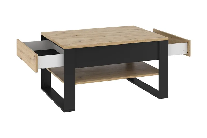 Quant Sofabord 100 cm med Oppbevaring 2 Skuffer + Hylle - Eikefarge/Svart - Møbler - Bord - Sofabord