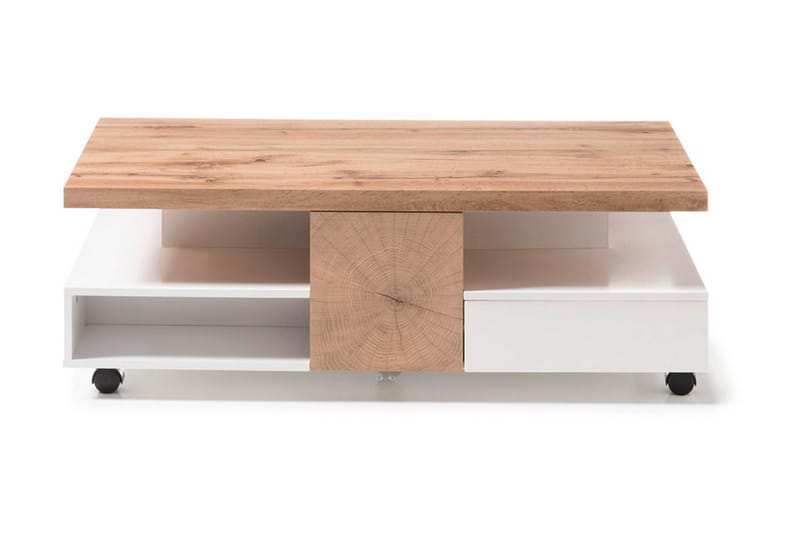 Rennese Sofabord 120 cm med Oppbevaringshyller på Hjul - Hvit/Natur - Møbler - Bord - Sofabord