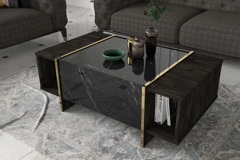 Riello Sofabord 104 cm med Oppbevaringshyller + Lucka - Svart/Gull - Møbler - Bord - Sofabord