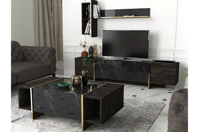 Riello Sofabord 104 cm med Oppbevaringshyller + Lucka - Svart/Gull - Møbler - Bord - Sofabord