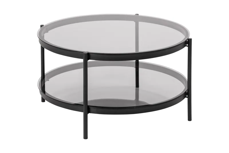Rutkin Sofabord 79 cm Rundt med Oppbevaring Hylle - Glass/Grå/Matt Svart - Møbler - Bord - Sofabord