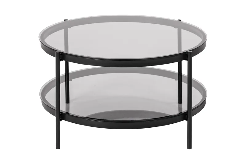 Rutkin Sofabord 79 cm Rundt med Oppbevaring Hylle, Glass/Grå/Matt Svart