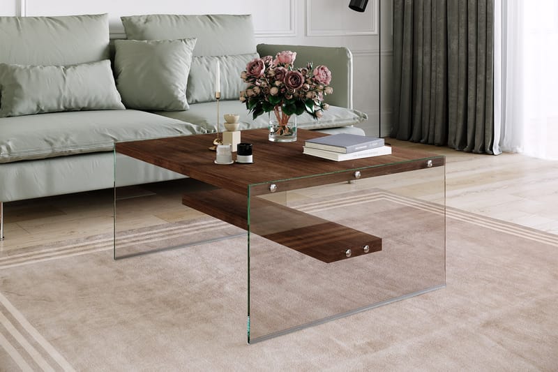 Sabani Sofabord 75 cm med Oppbevaringshylle - Glass/Brun - Sofabord