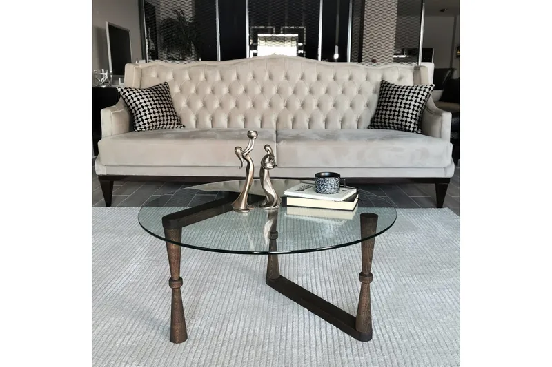 Sabani Sofabord 80 cm Rundt Svarvade Ben - Glass/Valnøttbrun - Møbler - Bord - Sofabord