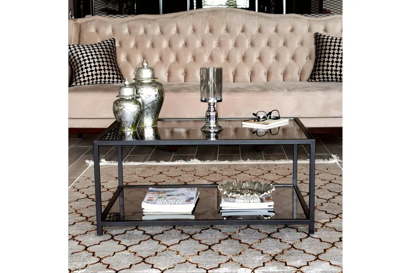 Sabani Sofabord 90 cm med Oppbevaring Hylle - Glass/Røykfarget/Svart - Møbler - Bord - Sofabord