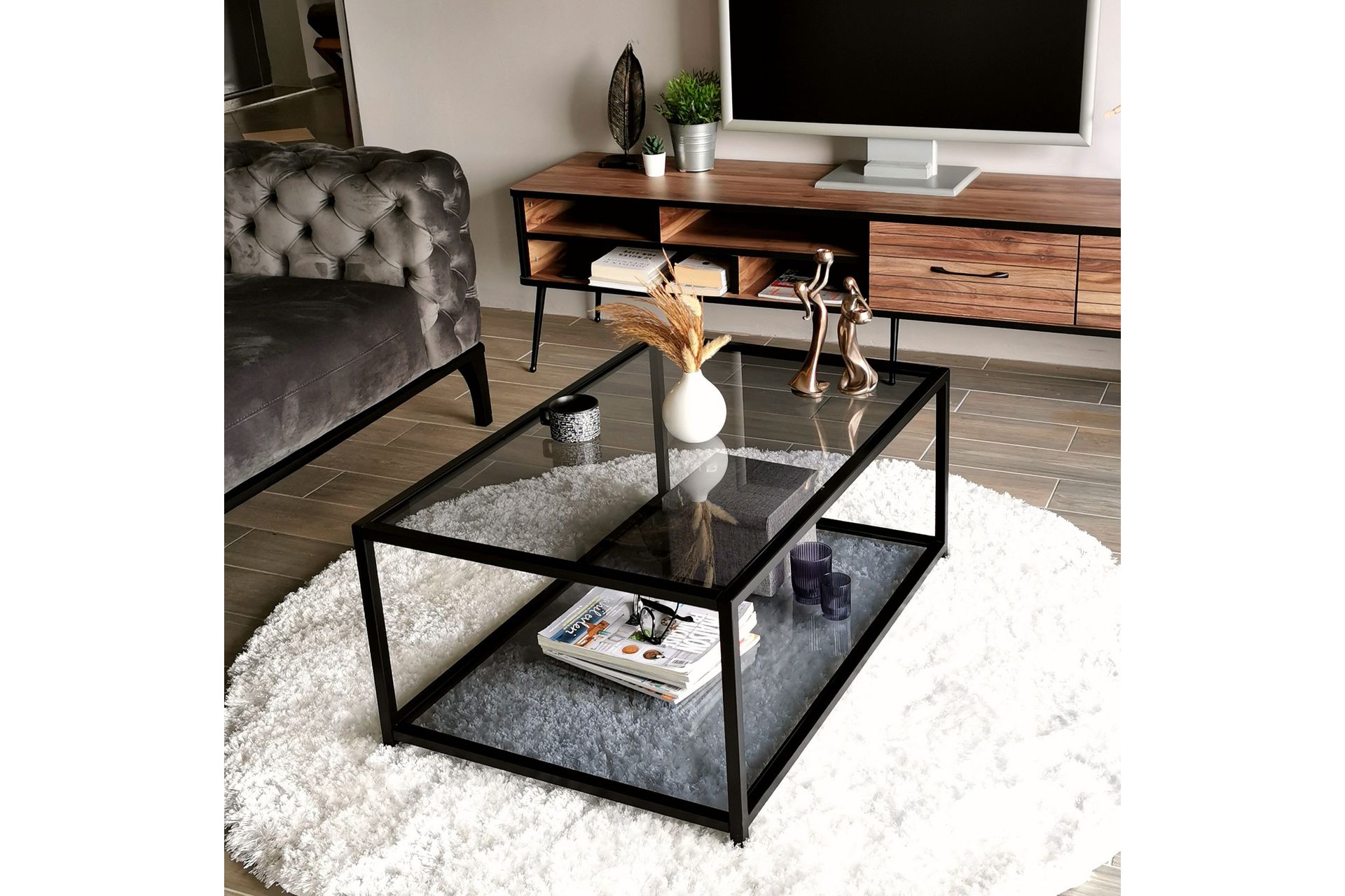 Sabani Sofabord 90 cm med Oppbevaring Hylle - Glass/Røykfarget/Svart - Møbler - Bord - Sofabord