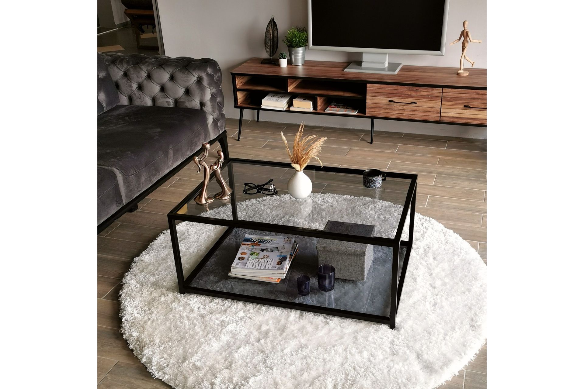 Sabani Sofabord 90 cm med Oppbevaring Hylle - Glass/Røykfarget/Svart - Møbler - Bord - Sofabord