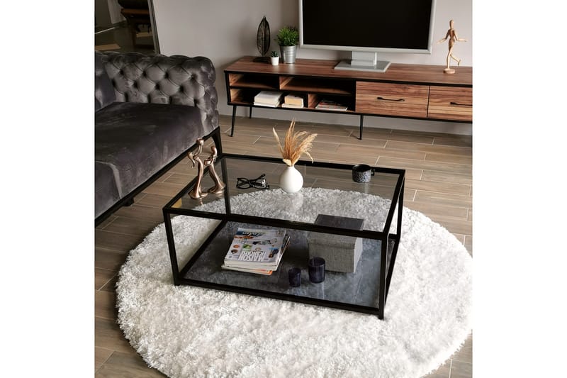 Sabani Sofabord 90 cm med Oppbevaring Hylle - Glass/Røykfarget/Svart - Sofabord