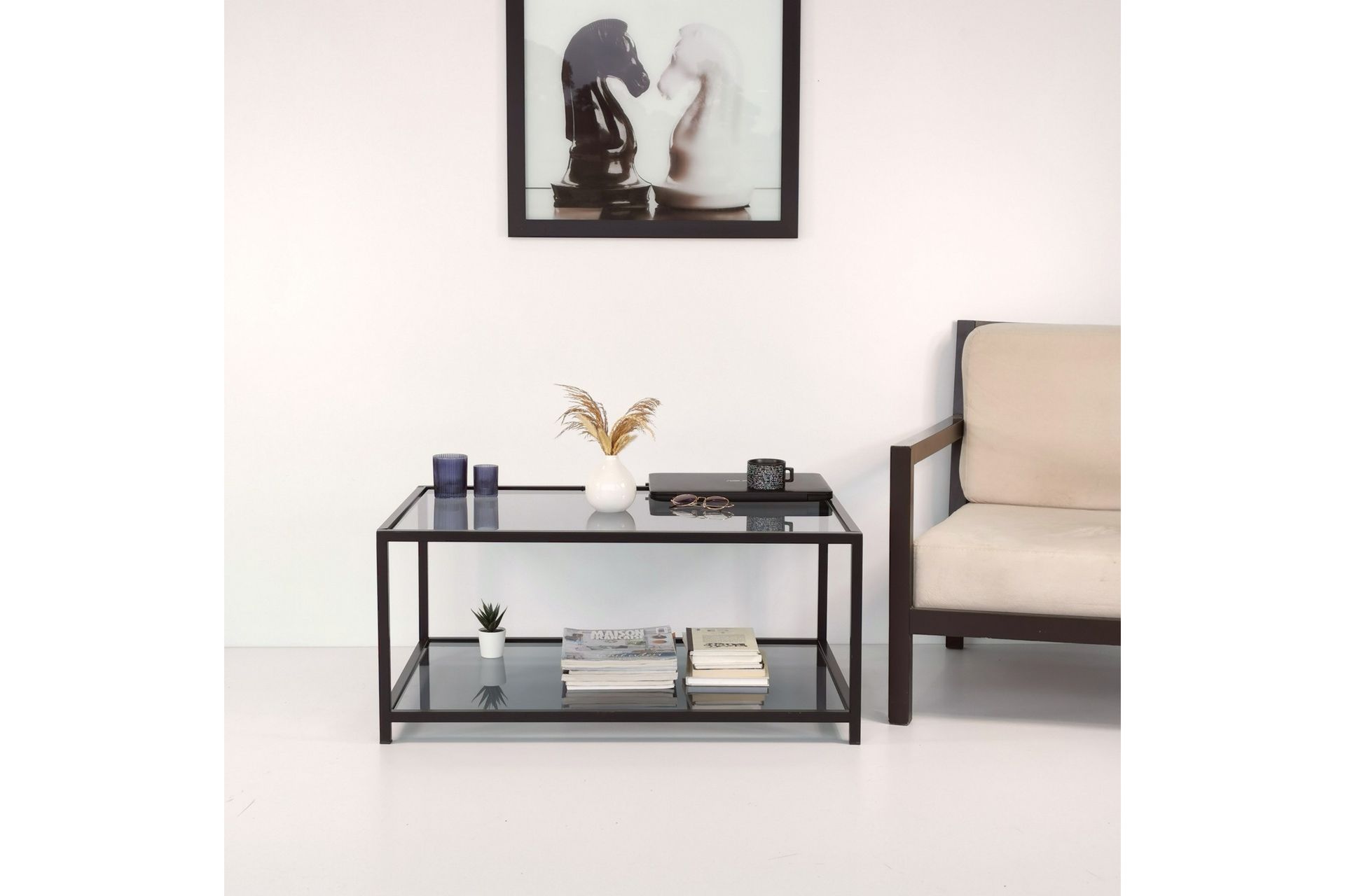 Sabani Sofabord 90 cm med Oppbevaring Hylle - Glass/Røykfarget/Svart - Møbler - Bord - Sofabord
