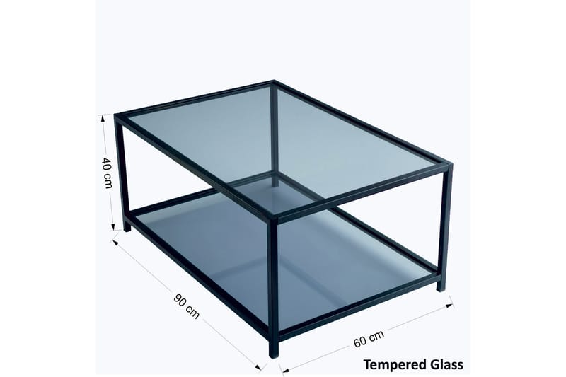 Sabani Sofabord 90 cm med Oppbevaring Hylle - Glass/Røykfarget/Svart - Sofabord