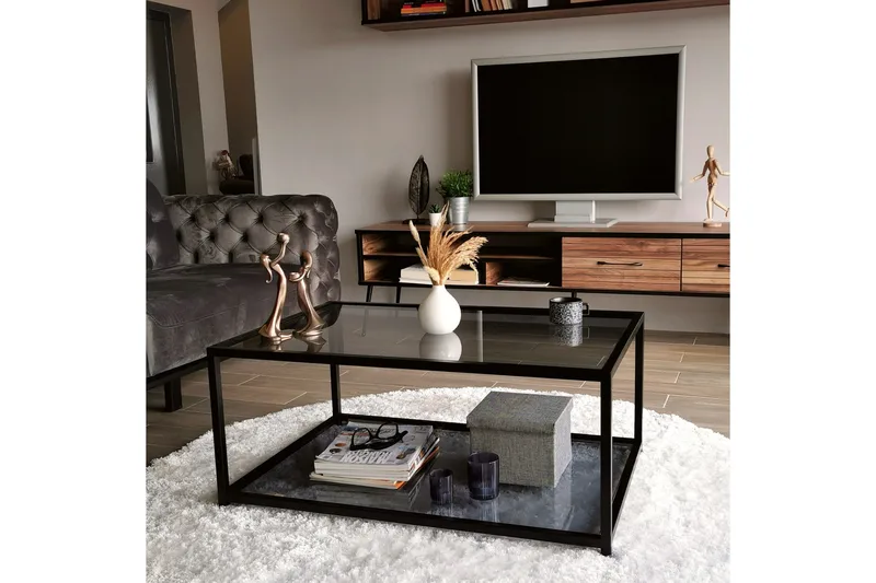 Sabani Sofabord 90 cm med Oppbevaring Hylle - Glass/Røykfarget/Svart - Møbler - Bord - Sofabord