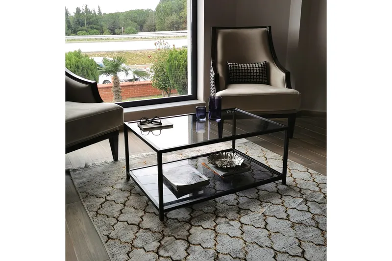 Sabani Sofabord 90 cm med Oppbevaring Hylle - Glass/Røykfarget/Svart - Møbler - Bord - Sofabord