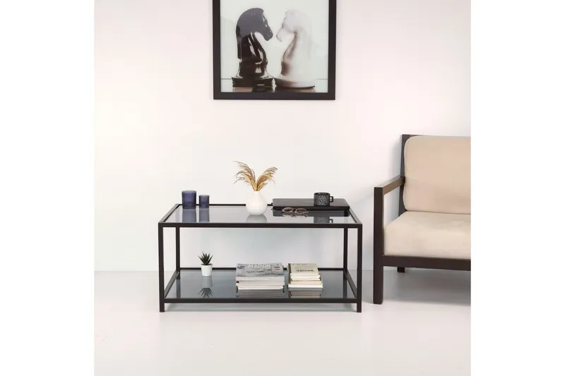 Sabani Sofabord 90 cm med Oppbevaring Hylle - Glass/Røykfarget/Svart - Møbler - Bord - Sofabord