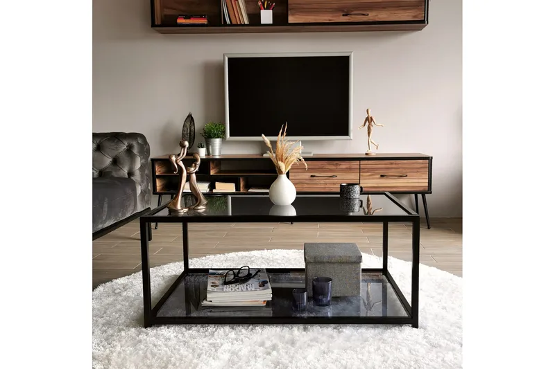 Sabani Sofabord 90 cm med Oppbevaring Hylle - Glass/Røykfarget/Svart - Møbler - Bord - Sofabord