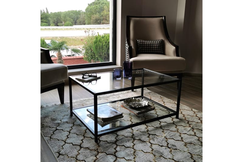 Sabani Sofabord 90 cm med Oppbevaring Hylle - Glass/Svart - Møbler - Bord - Sofabord