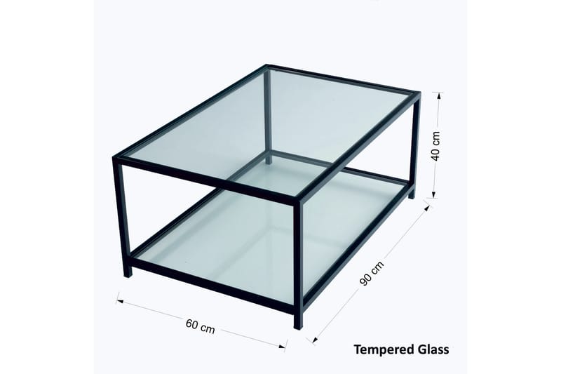 Sabani Sofabord 90 cm med Oppbevaring Hylle - Glass/Svart - Sofabord