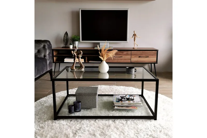 Sabani Sofabord 90 cm med Oppbevaring Hylle - Glass/Svart - Møbler - Bord - Sofabord