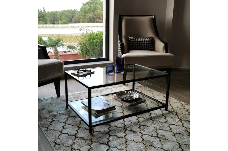 Sabani Sofabord 90 cm med Oppbevaring Hylle - Glass/Svart - Møbler - Bord - Sofabord