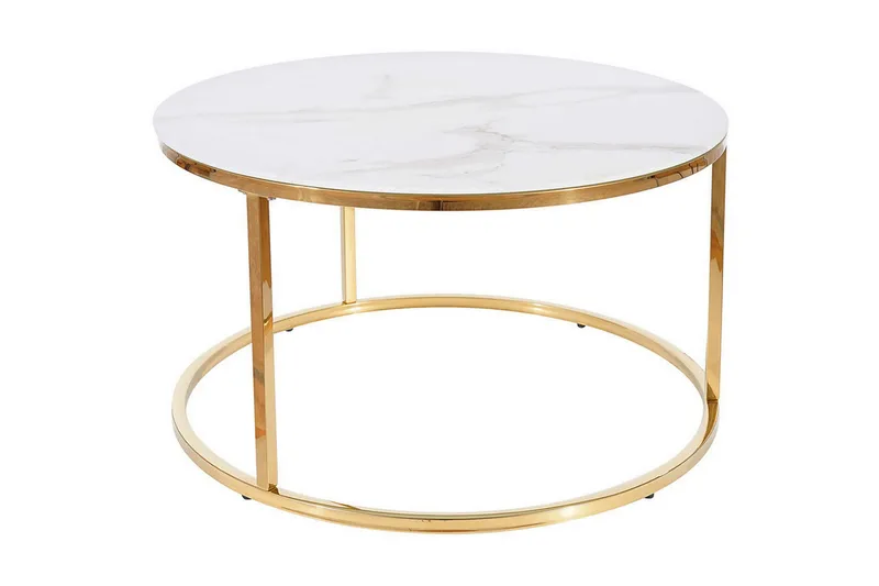 Sabines Sofabord 80 cm Rundt Marmormønster, Hvit/Gull