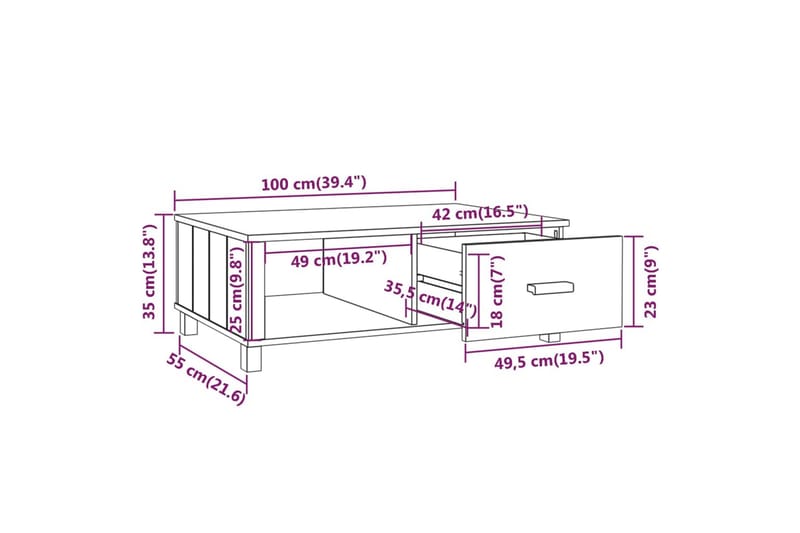 Salongbord hvit 100x55x35 cm heltre furu - Hvit - Sofabord