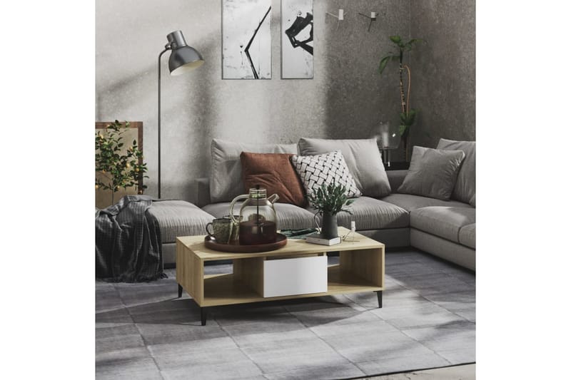 Salongbord hvit og sonoma eik 103,5x60x35 cm sponplate - Beige - Møbler - Bord - Sofabord