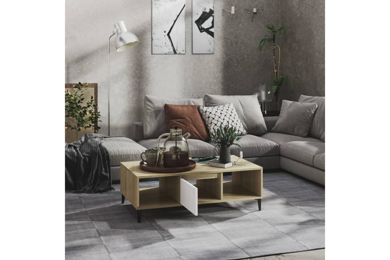 Salongbord hvit og sonoma eik 103,5x60x35 cm sponplate - Beige - Møbler - Bord - Sofabord