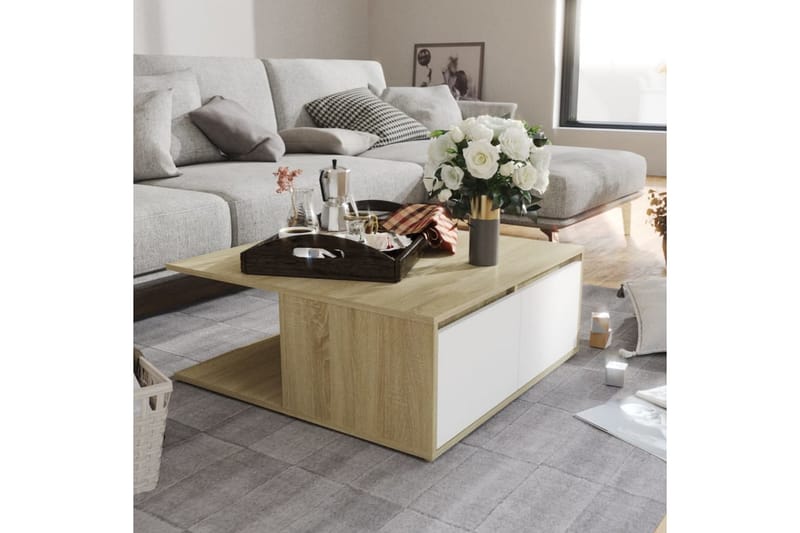 Salongbord hvit og sonoma eik 80x80x31 cm sponplate - Beige - Møbler - Bord - Sofabord