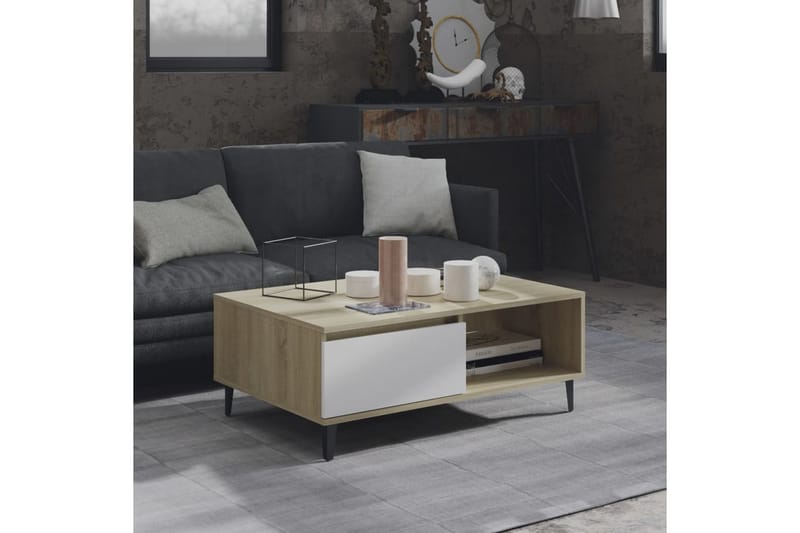 Salongbord hvit og sonoma eik 90x60x35 cm sponplate - Beige - Møbler - Bord - Sofabord