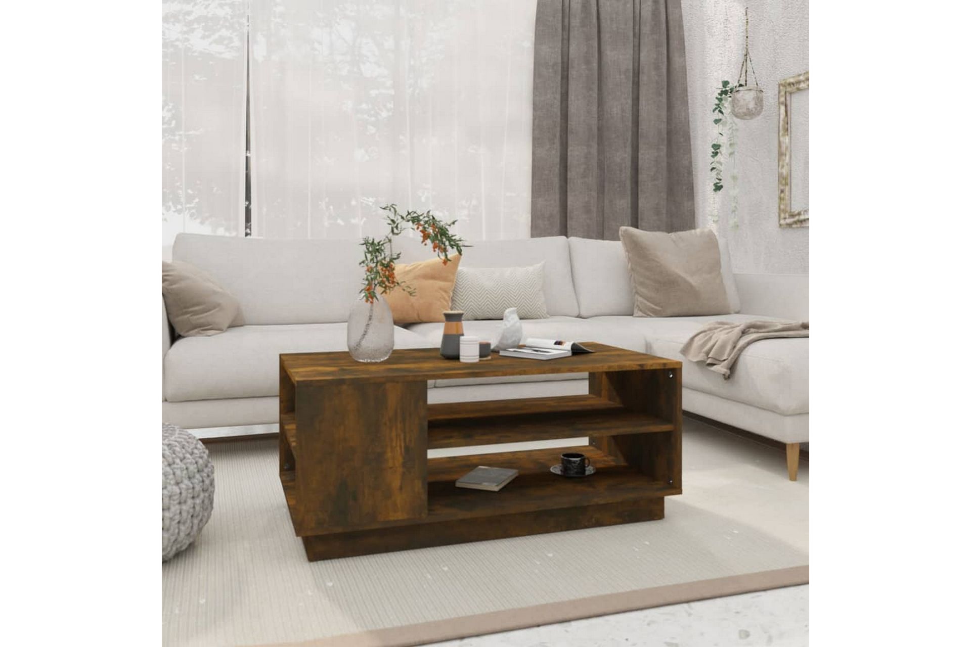 Salongbord røkt eik 102x55x43 cm sponplate - Brun - Møbler - Bord - Sofabord