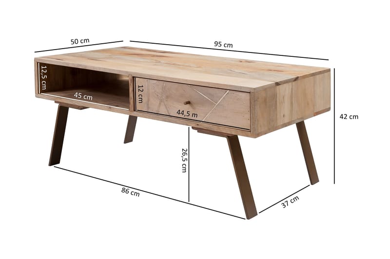 Sekuterski Sofabord 95 cm med Oppbevaring Skuff + Hylle - Massivt Tre - Møbler - Bord - Sofabord