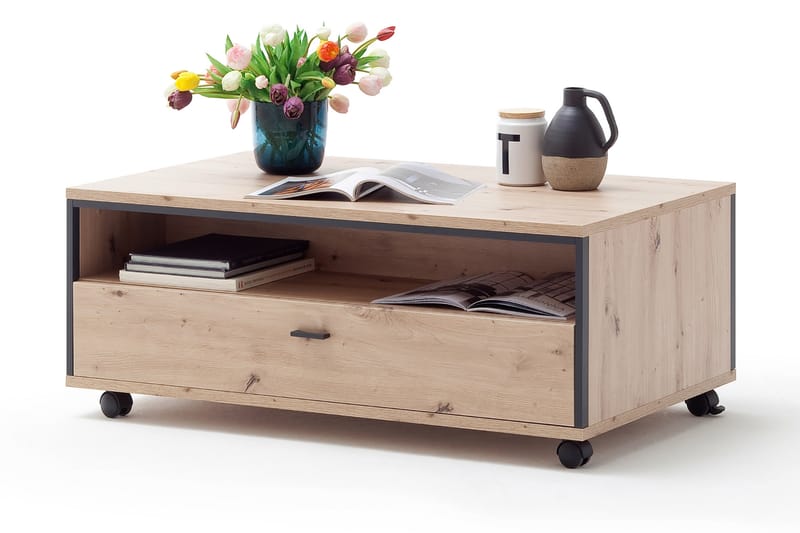 Shaginaw Sofabord 115 cm med Oppbevaringsskuff+Hyller på Hju - Eikefarge/Antracit - Møbler - Bord - Sofabord