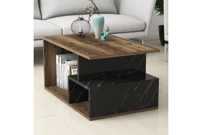 Sofabord Garavelo sofabord 90 cm med oppbevaring hyller marmormønster Svart,Trä/Natur,Mörkbrun - Møbler - Bord - Sofabord