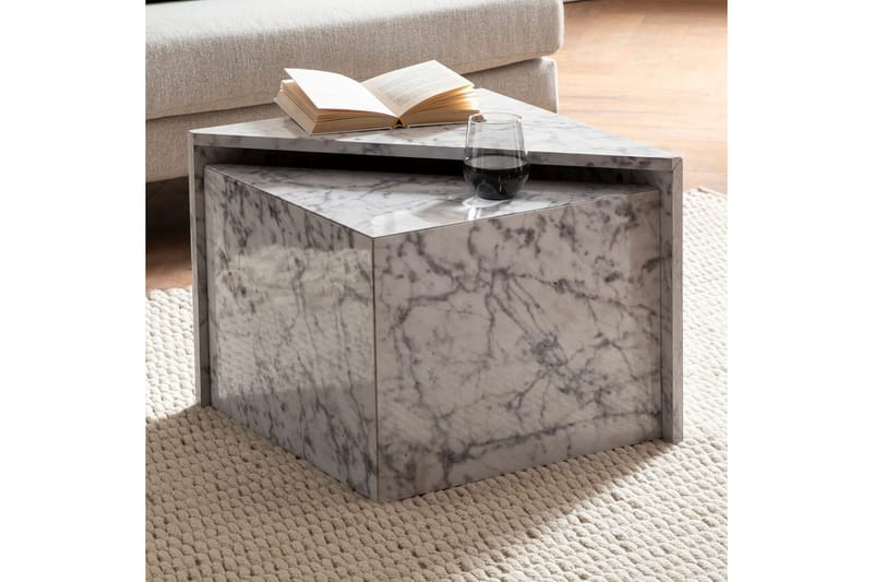 Sofabord Wohnling Sett av 2 MONOBLOC høyglans trekantet, moderne stil Marmor, Hvit - Marmor, Hvit - Møbler - Bord - Sofabord - Kistebord
