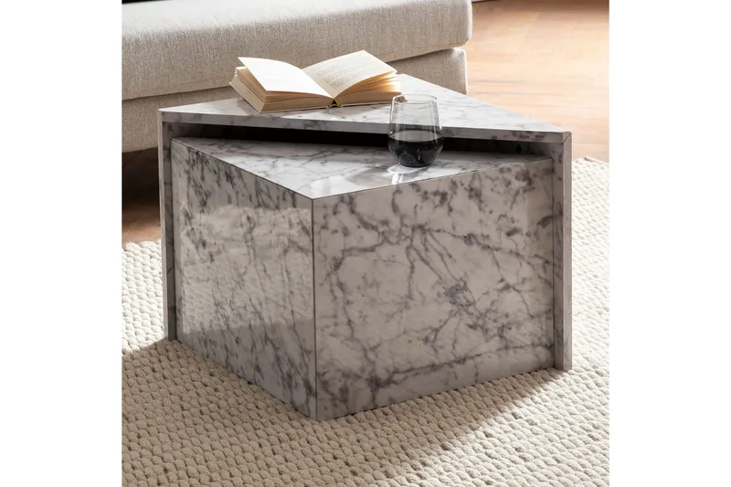 Sofabord Wohnling Sett av 2 MONOBLOC høyglans trekantet, moderne stil Marmor, Hvit - Marmor, Hvit - Møbler - Bord - Sofabord
