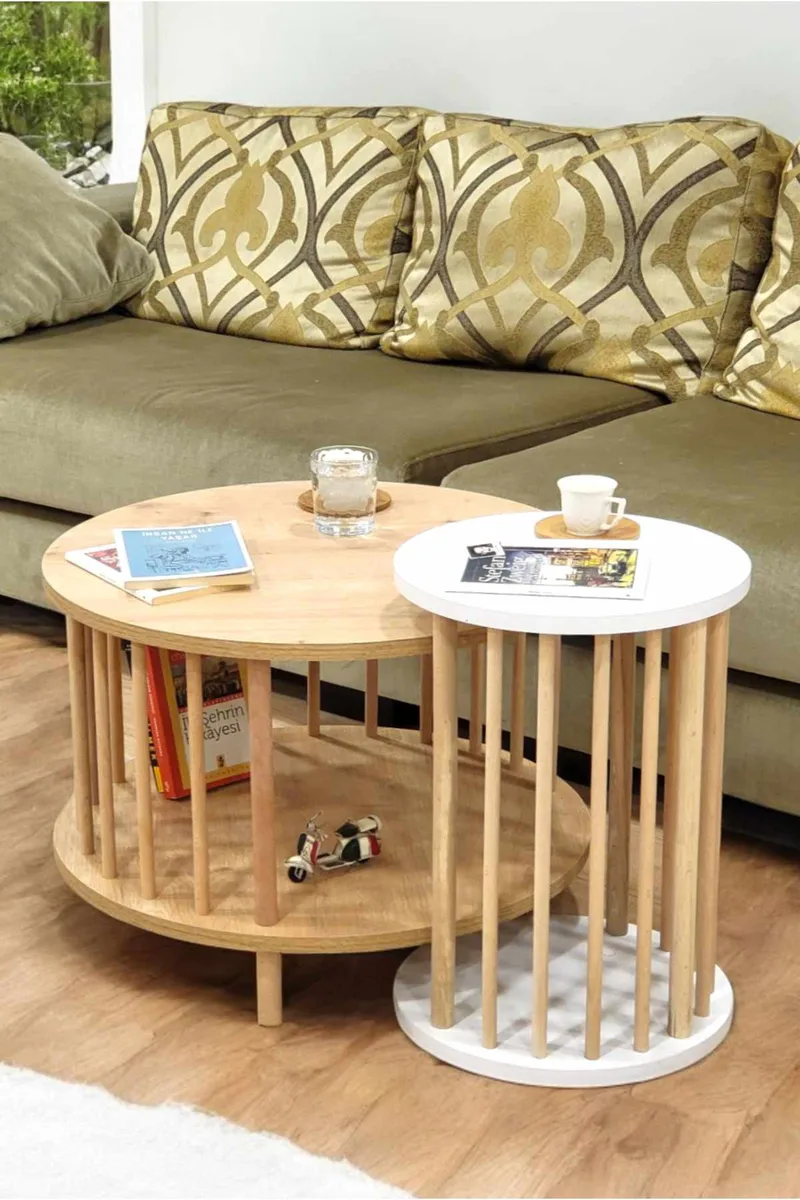 Sofabordsett Hanah Home Peka Set Pro (Ø60 x H43 cm) Sapphire eik hvit, Sapphire Oak og hvit