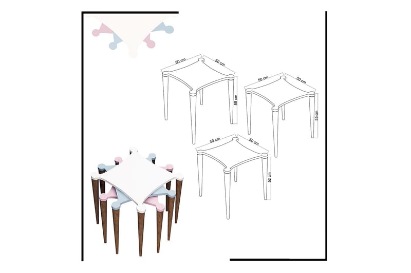 Springtime Settbord 50 cm 3 Bord - Hvit/Rosa/Blå - Sofabord - Settbord