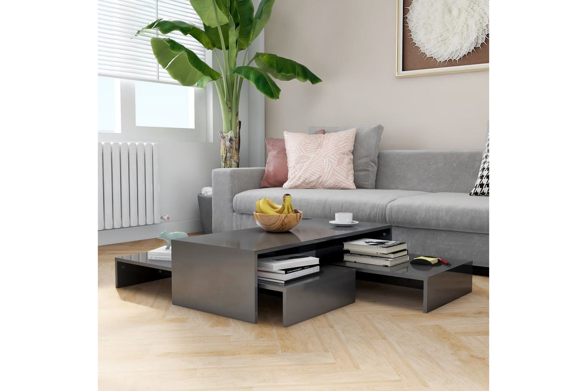 Stablebart salongbordsett høyglans grå 100x100x26,5 cm - Grå - Møbler - Bord - Sofabord