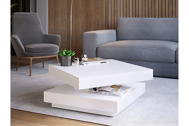 Stoliv Sofabord 70 cm Vridbart med Oppbevaringshylle - Hvit - Sofabord