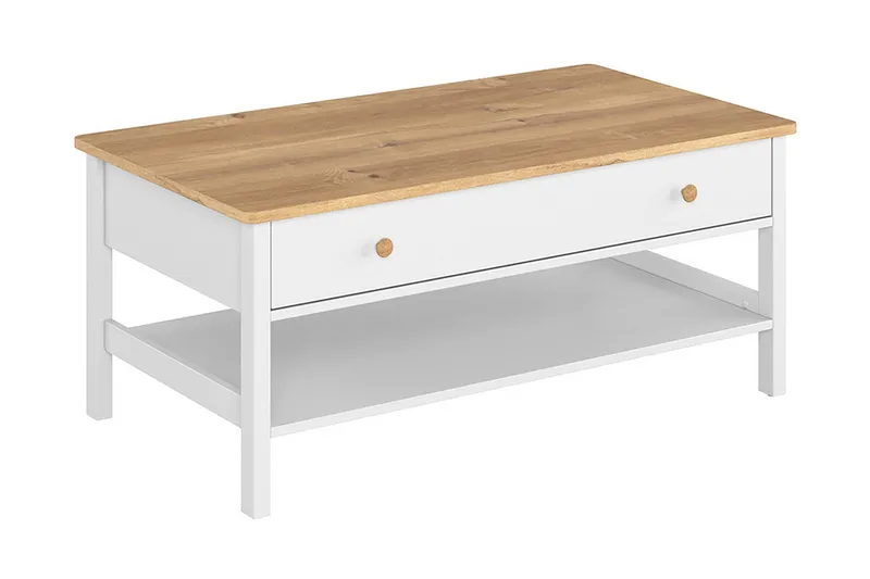 Storys Sofabord 110 cm med Oppbevaringsskuff + Hylle, Beige/Hvit