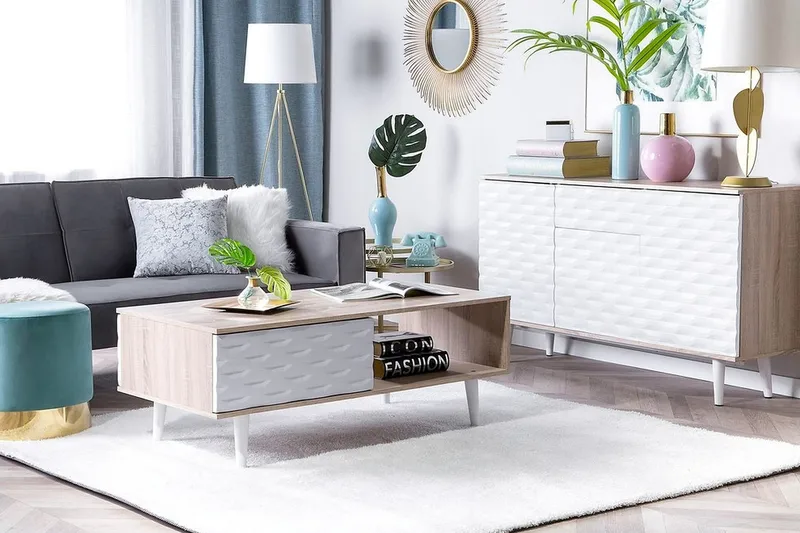 Swanea Sofabord 120 cm med Oppbevaring Skåp + Hylle - Lysebrun/Hvit - Møbler - Bord - Sofabord