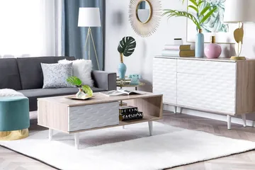 Swanea Sofabord 120 cm med Oppbevaring Skåp + Hylle - Lysebrun/Hvit - Møbler - Bord - Sofabord