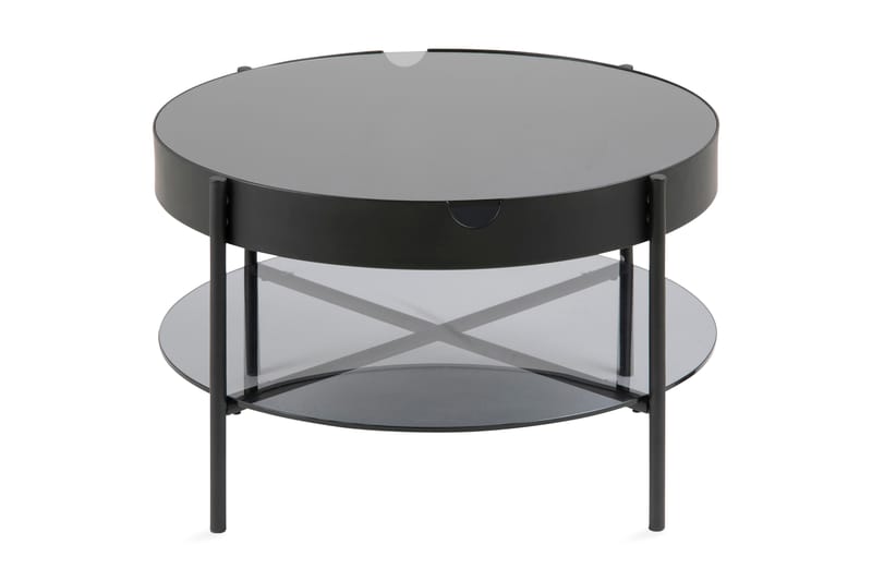 Tanja Sofabord 75 cm Rundt med Oppbevaring Hylle - Røykfarget Glass/Svart - Møbler - Bord - Sofabord