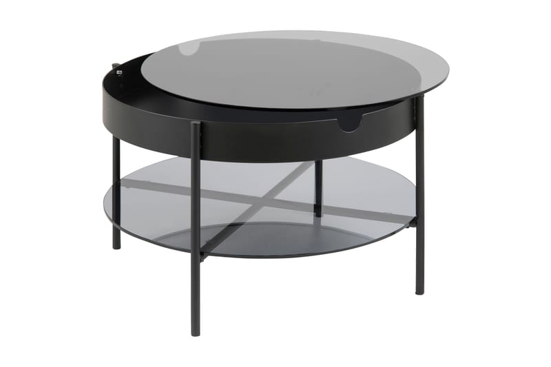 Tanja Sofabord 75 cm Rundt med Oppbevaring Hylle - Røykfarget Glass/Svart - Møbler - Bord - Sofabord