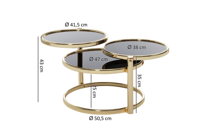 Tarwater Sofabord 58 cm med Oppbevaringshyller Rundt - Svart/Gull - Sofabord