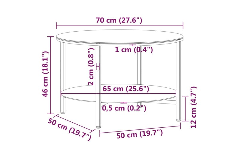 Tebord svart og gjennomsiktig 70 cm herdet glass - Svart - Sofabord