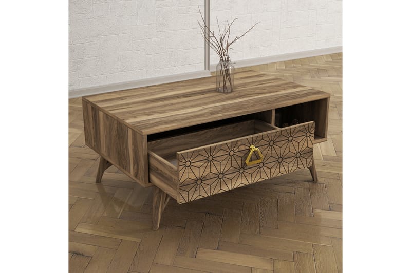 Tera Home Sofabord 90 cm med Oppbevaring Skuff + Hylle Dekor - Valnøttsbrun - Sofabord