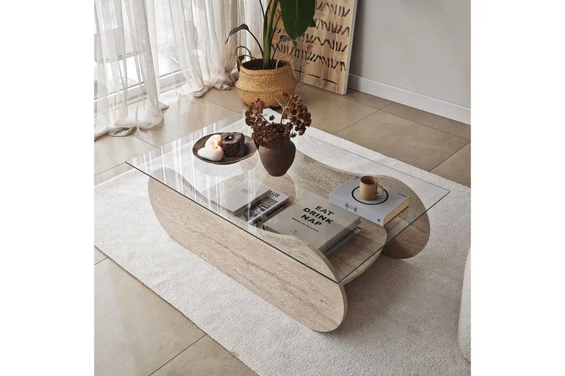 Sofabord Tevrin Travertin / Transparent - Travertin / Transparent - Møbler - Bord - Sofabord