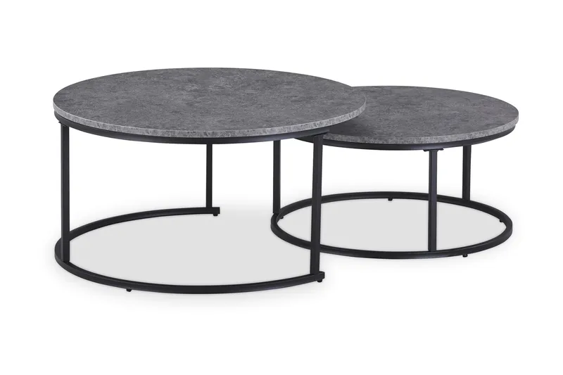 Thyra Rundt Settbord - 2 Sofabord 90 og 75 cm med Steinutseende og Metallben, Grå & Svart