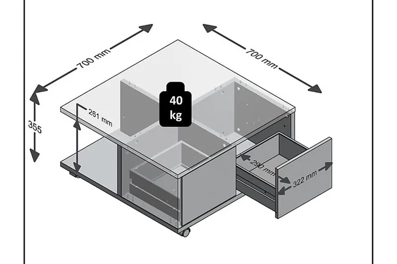 Twin Sofabord 70 cm med Oppbevaring Skuffer på Hjul - Hvit/Betonggrå - Møbler - Bord - Sofabord